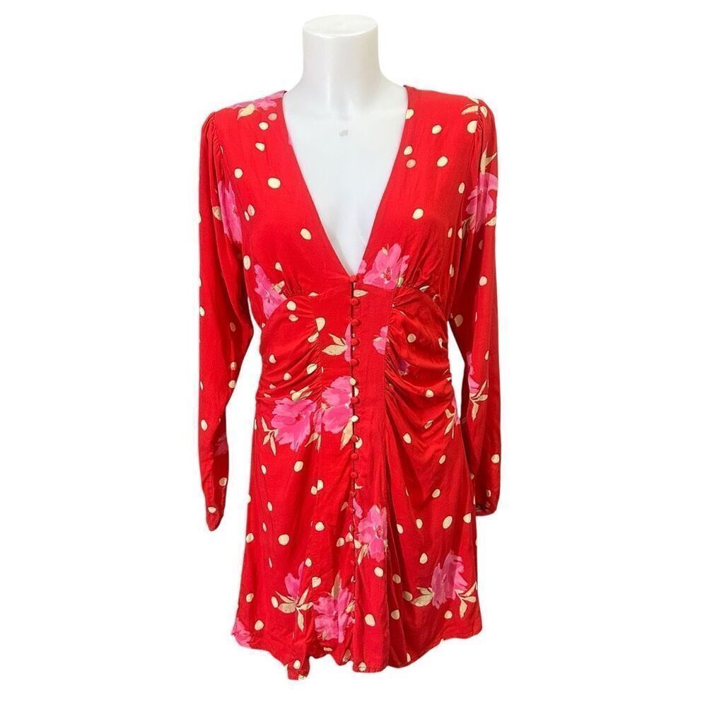 Free People Strawberry Combo Long Sleeve ruched Mini Dress Slimming Preppy sz‎ M